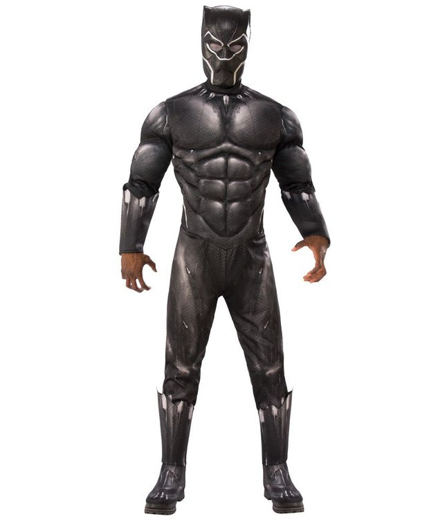 Black Panther kostume med polstret muskler, støvlecovers og maske.