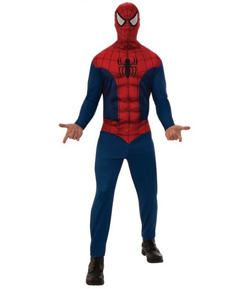 Spiderman kostume med jumpsuit og hætte til voksne.