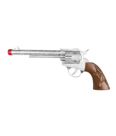 Sej sølv revolver i plastik. 30 cm.