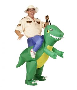Sjovt oppusteligt kostume med opdagelsesrejsende på en dinosaur