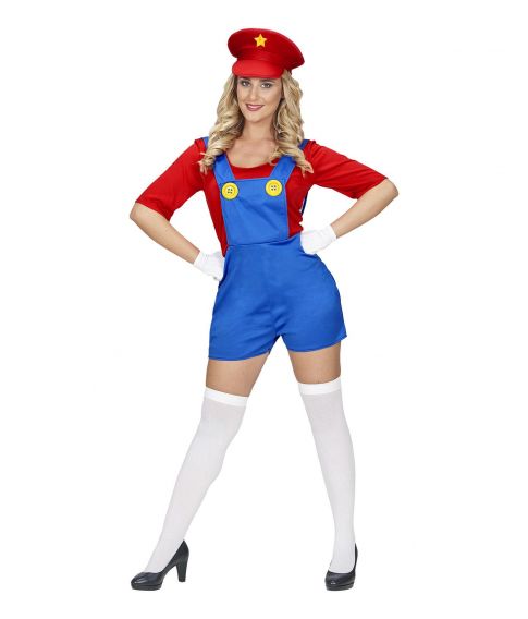  Super Mario kostume med jumpsuit og hat til damer.