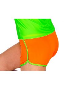 Neonorange hotpants med grønt bånd.