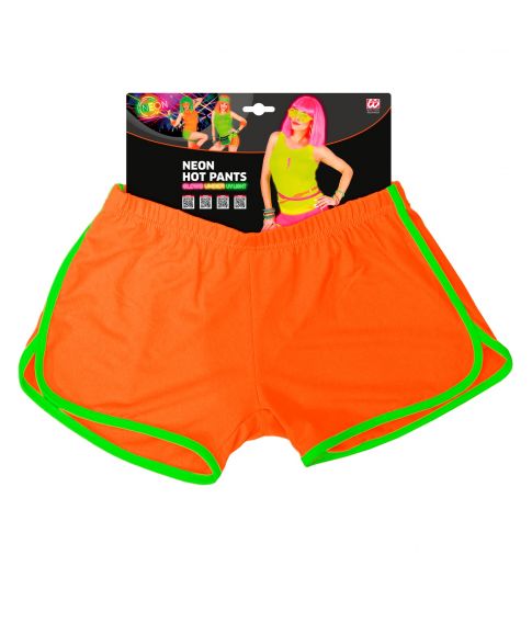 Neonorange hotpants med grønt bånd.