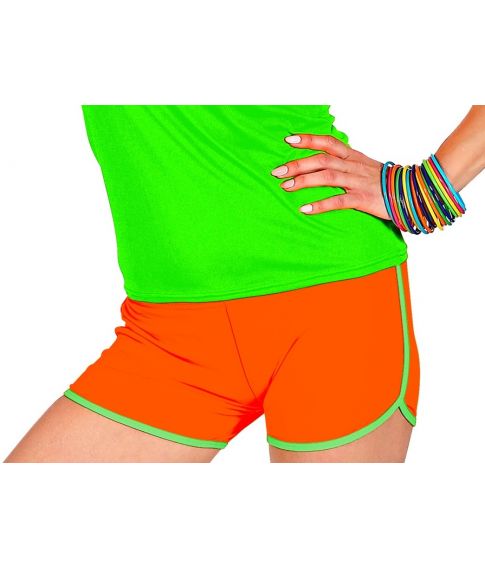 Neonorange hotpants med grønt bånd.