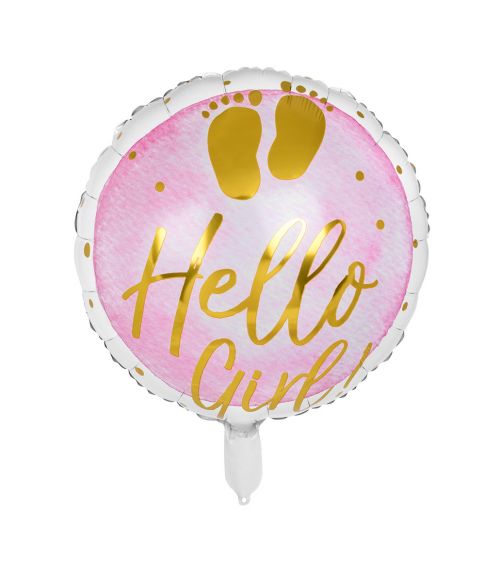 Flot rund folieballon med Hello Girl til barnedåb og babyshower