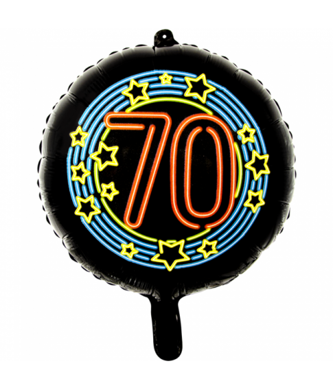 Rund sort folieballon med '70' i neon