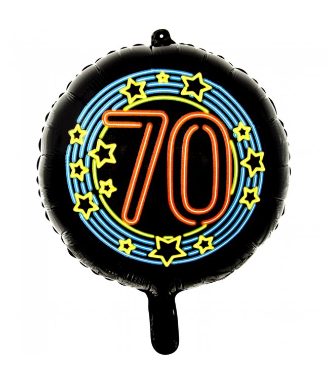 Rund sort folieballon med '70' i neon