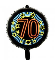 Rund sort folieballon med '70' i neon