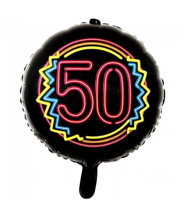 Rund sort folieballon med '50' i neon