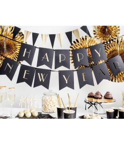 Saml-selv Happy New Year banner guirlande i sort og guld