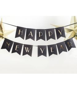 Saml-selv Happy New Year banner guirlande i sort og guld