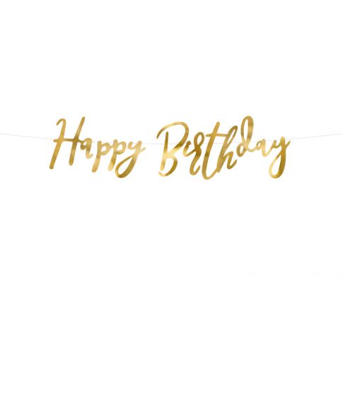 Flot Happy Birthday banner i guld til fødselsdagen