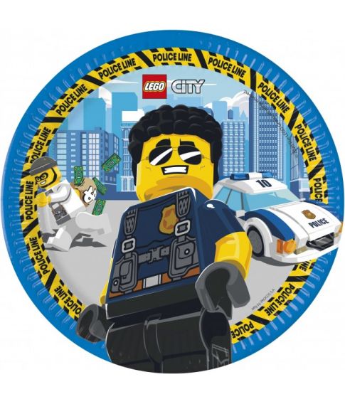 Flotte tallerkner i pap med Lego City motiv.