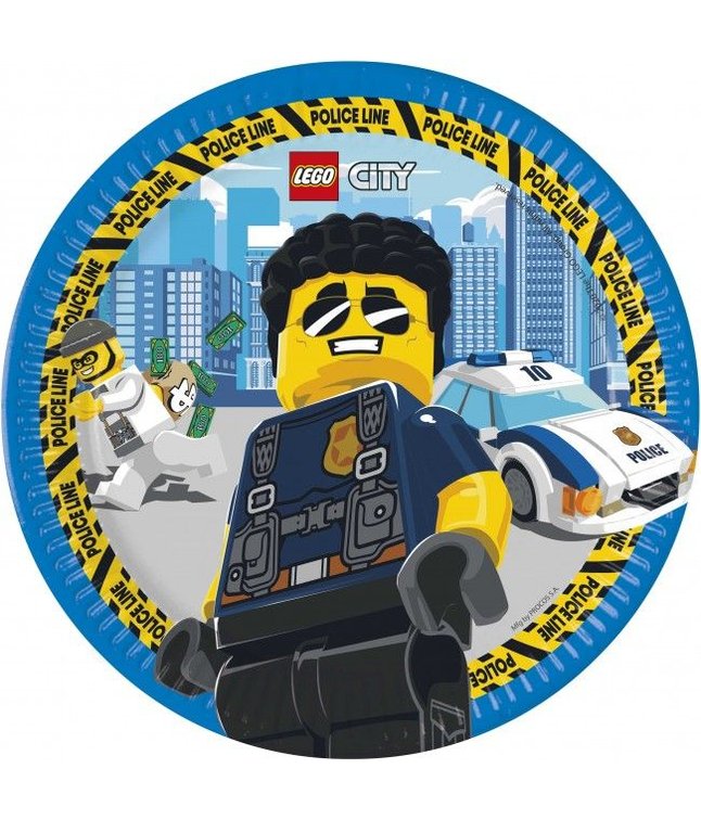 Flotte tallerkner i pap med Lego City motiv.