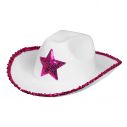 Hvid cowboyhat med pink pailletter.