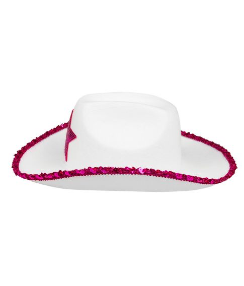 Hvid cowboyhat med pink pailletter.