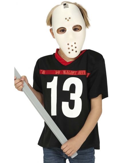 Flot Jason kostume med bluse, skulderpuder og maske.