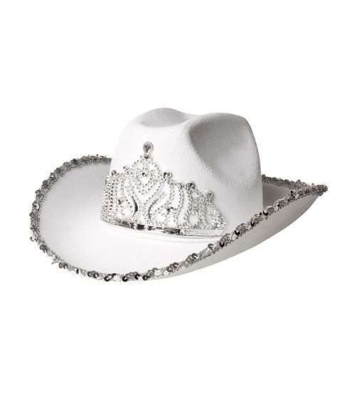 Hvid Cowboyhat med pailletter og diadem.