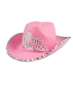 Pink Cowboyhat med pailletter og diadem