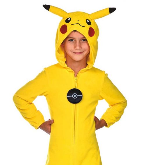 Pokemon Pikachu jumpsuit  i fleece med hætte til børn.