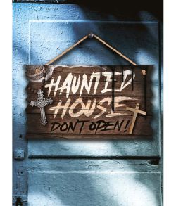 Haunted house skilt i træ