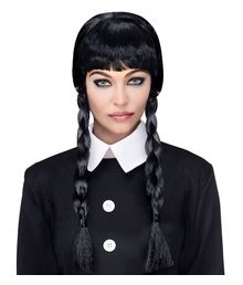 Sort paryk med fletninger til Wednesday Addams udklædning.